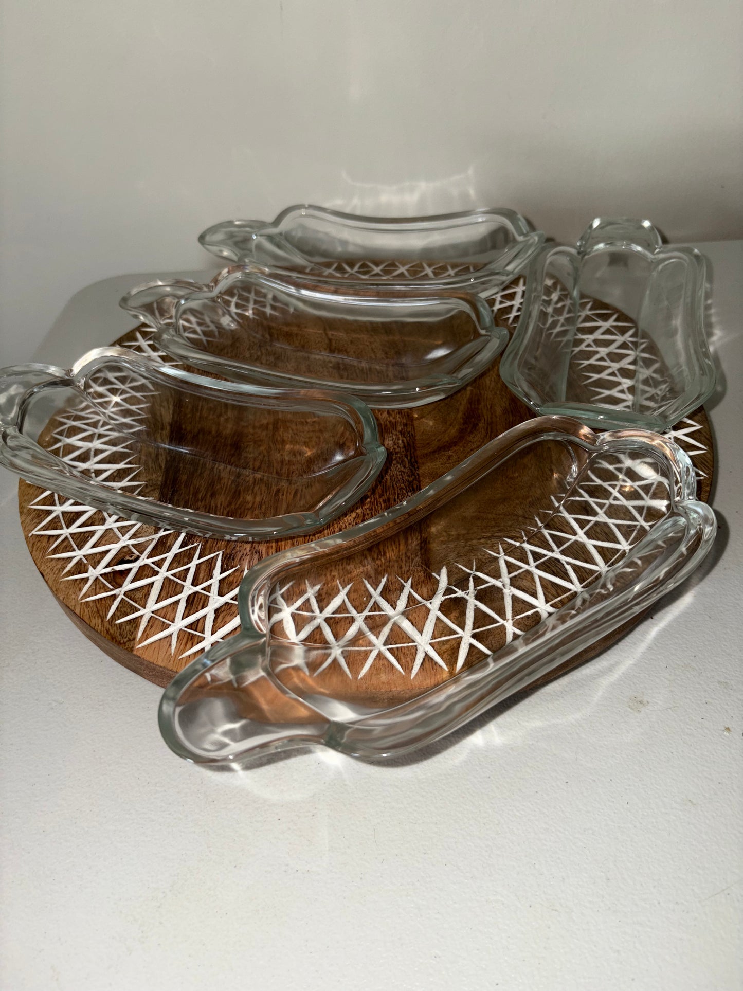 Set of five vintage clear thick glass banana split boat dishes