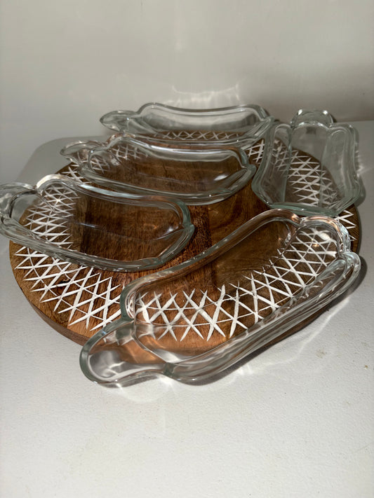Set of five vintage clear thick glass banana split boat dishes