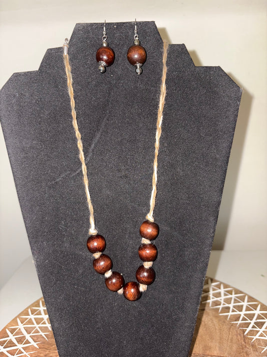 Vintage Wood Bead Necklace and Matching Earrings