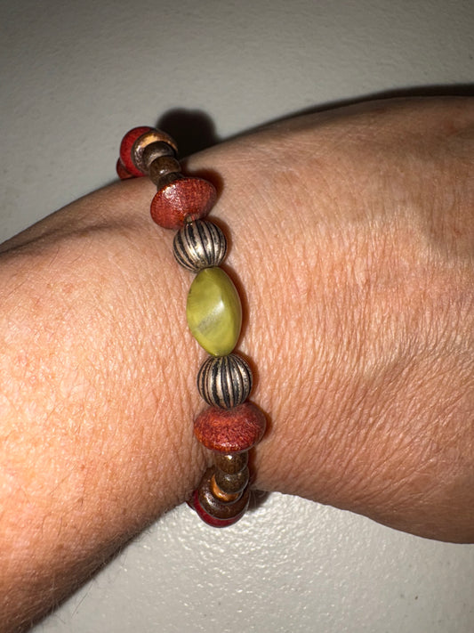 Vintage Wood Beaded Bracelet With Green Glass Stone