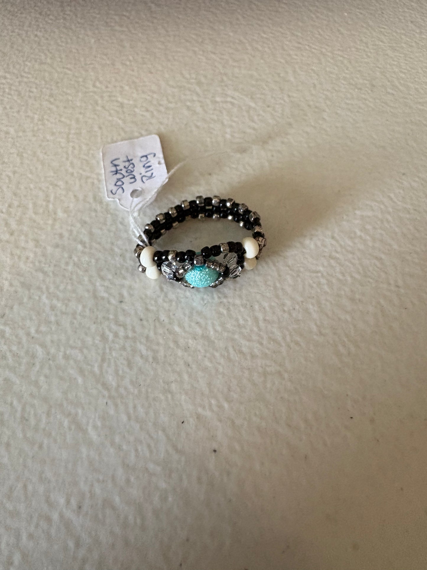 Handmade Glass Beaded Ring With Turquoise Glass Stone Size 7