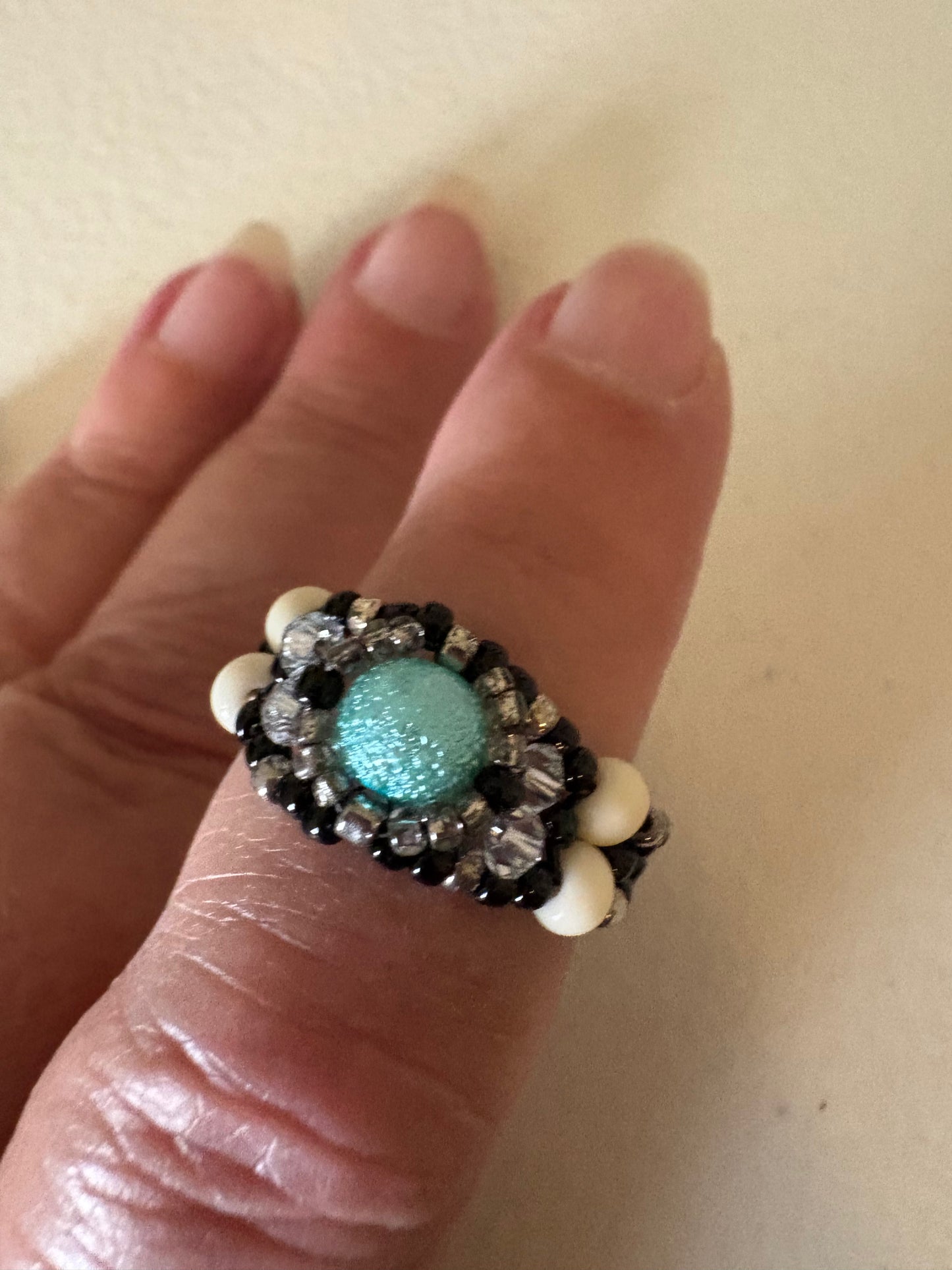 Handmade Glass Beaded Ring With Turquoise Glass Stone Size 7