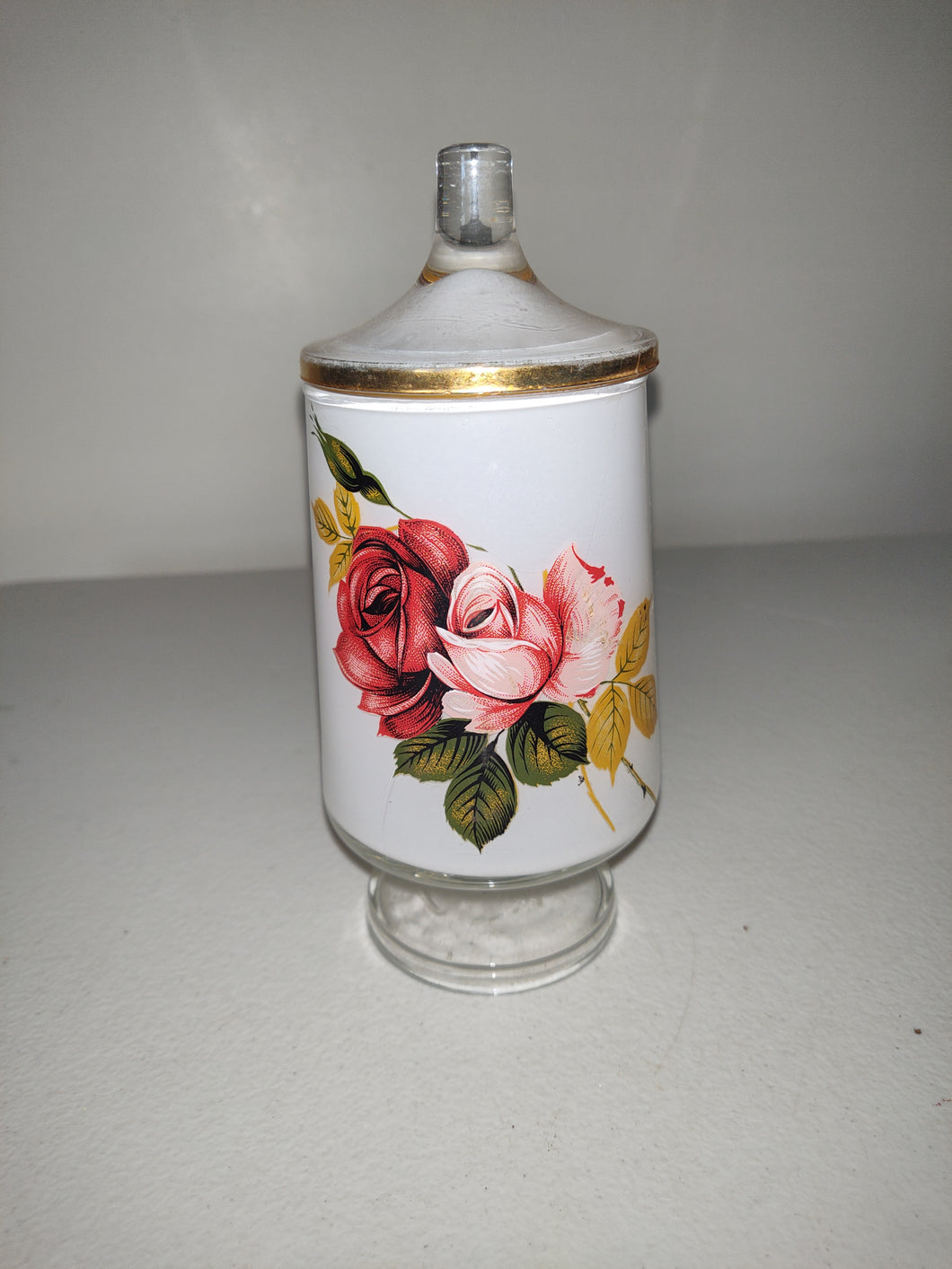 Vintage Apothecary Jar With Rose Motif Gold Trim