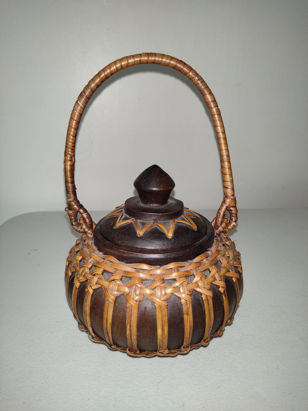 Vintage Round Wood And Wicker Rice Basket