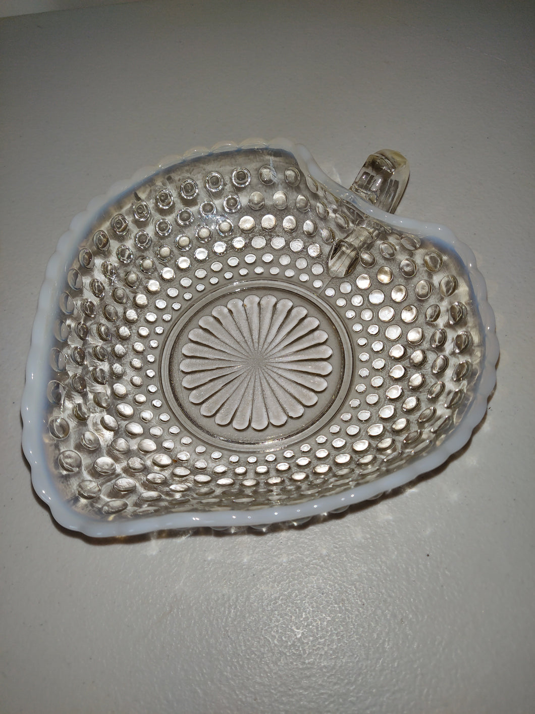 Vintage Fenton Opalescent Moonstone Hobnail Glass Heart Shaped Candy Dish Bowl