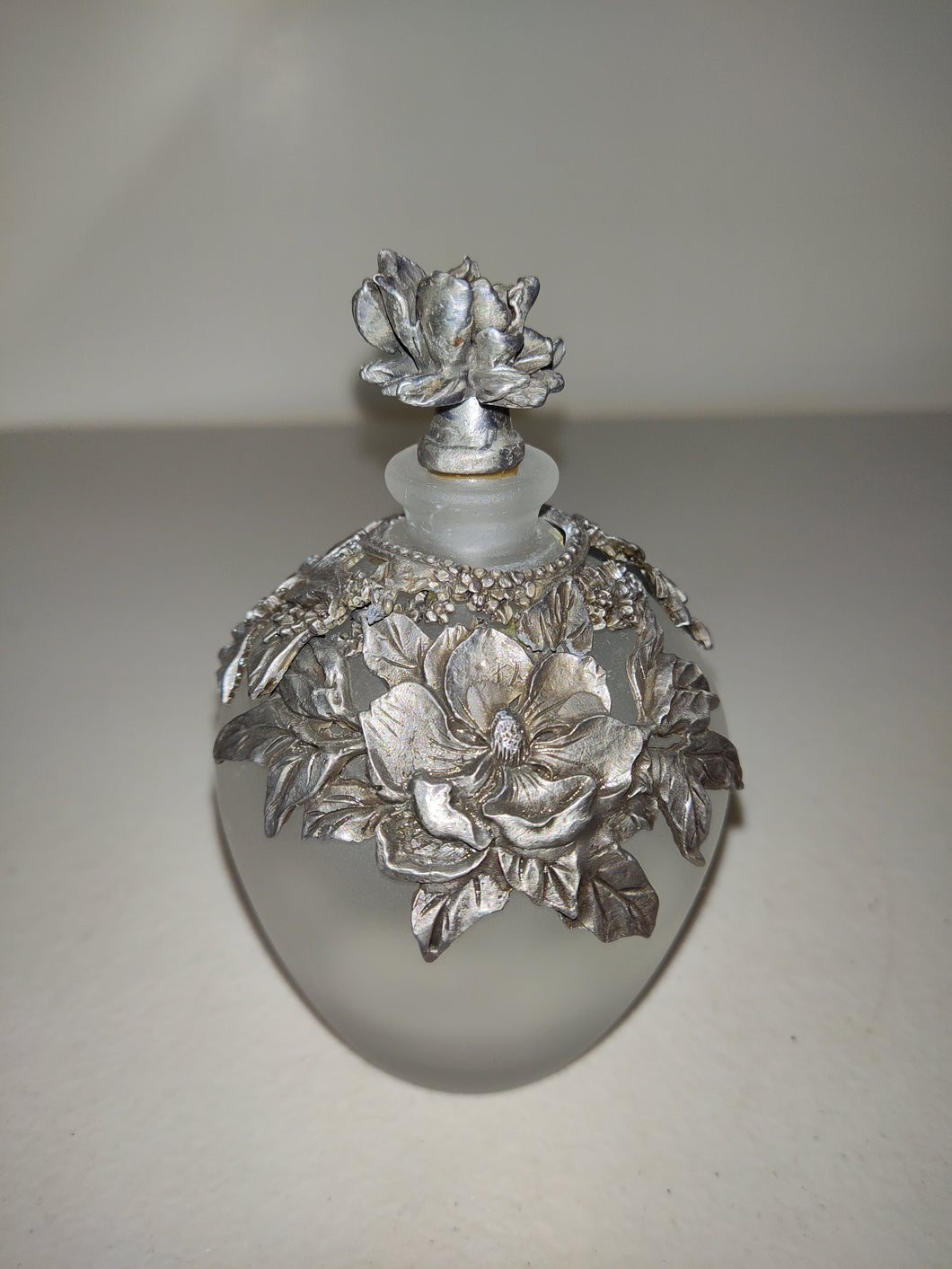 White Frosted Glass Perfume Bottle With Pewter Overlay