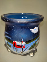 Load image into Gallery viewer, Winter Wonderland Glass Hand Painted Candle Holder Dove Barn Cottage Bird Footed
