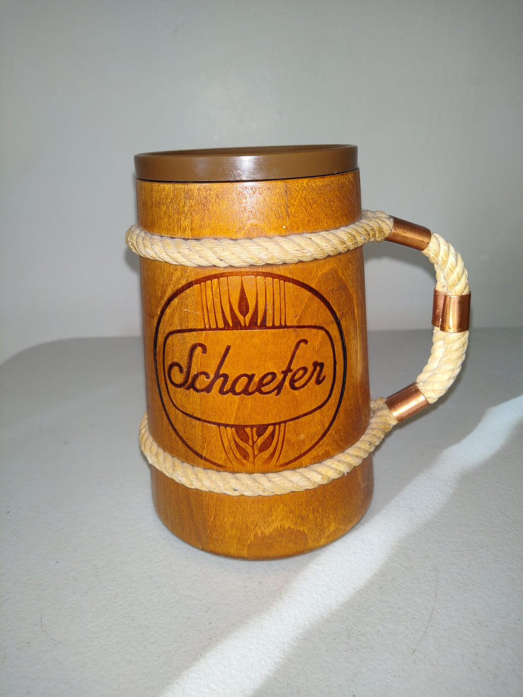 Schaefers Wooden Beer Mug/Stein With Plastic Liner Rope Handle