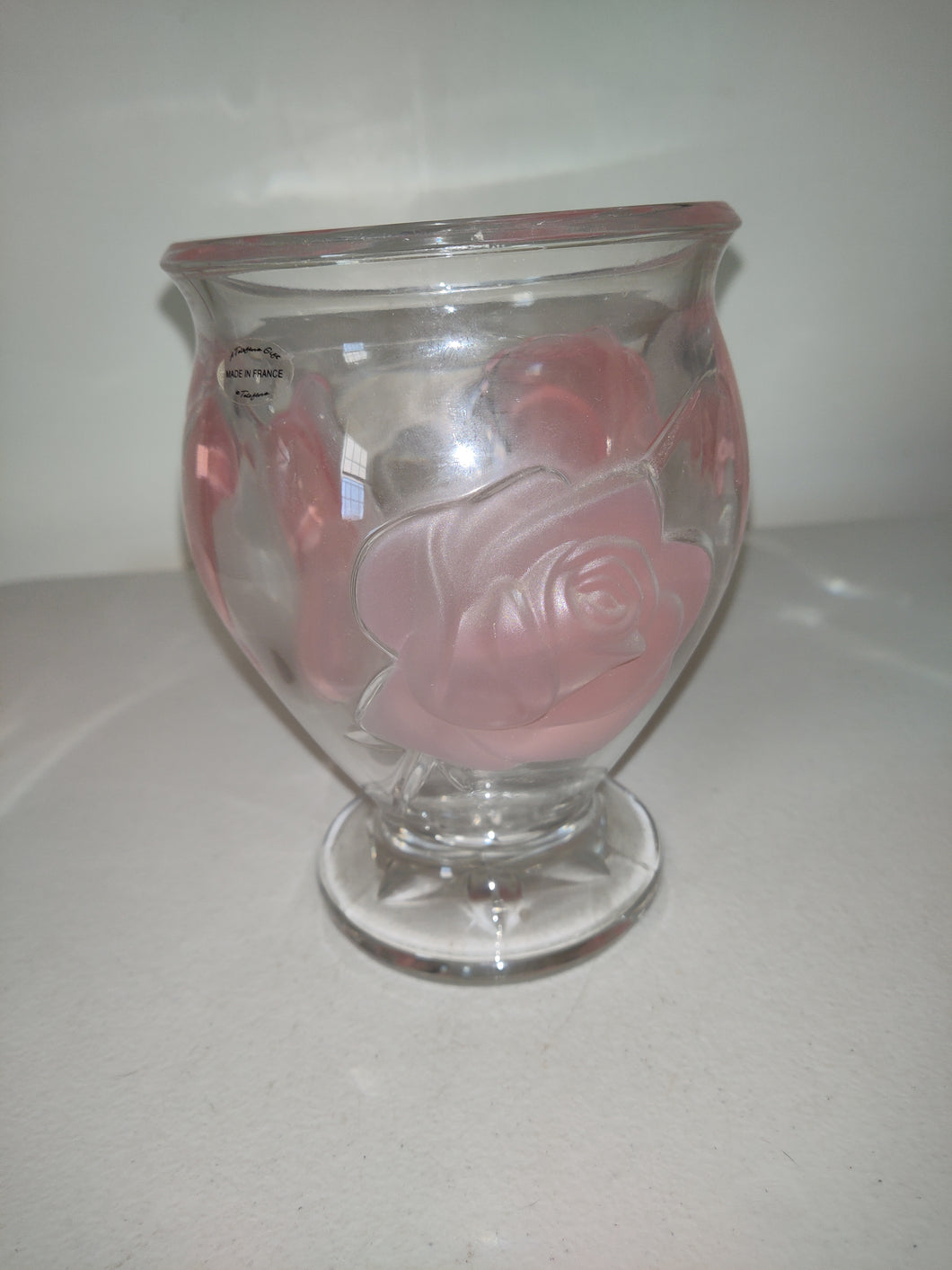 France TeleFlora Frosted Pink Roses Vase Bowl Clear Heavy Glass