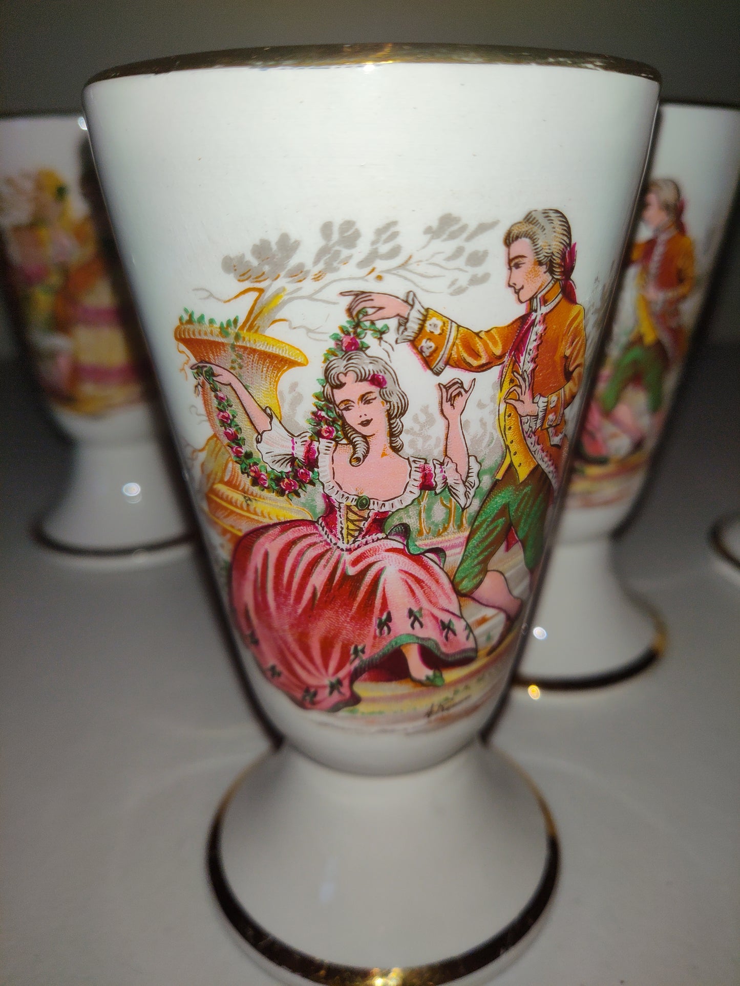 Five Vintage GL Porcelain Limoges France Mazagran Cups Romantic French Society 5”.