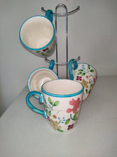 Carica l&#39;immagine nel visualizzatore di Gallery, Tabletop Gallery Hand Painted Coffee Mugs With Mug Tree. Set Of Four
