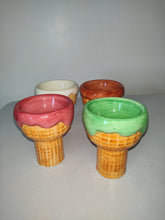 Load image into Gallery viewer, Ceramic Ice Cream Waffle Cone Cup Bowl Green White  Red Brown Set of 4
