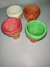 Load image into Gallery viewer, Ceramic Ice Cream Waffle Cone Cup Bowl Green White  Red Brown Set of 4
