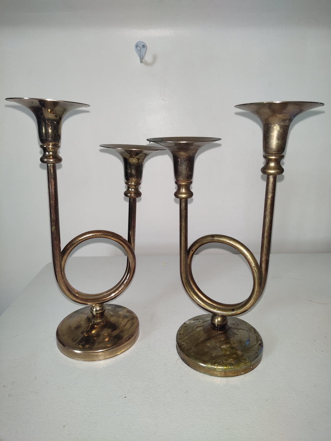 Vintage 1970s Brass French Horn Double Candle Holders Candlesticks