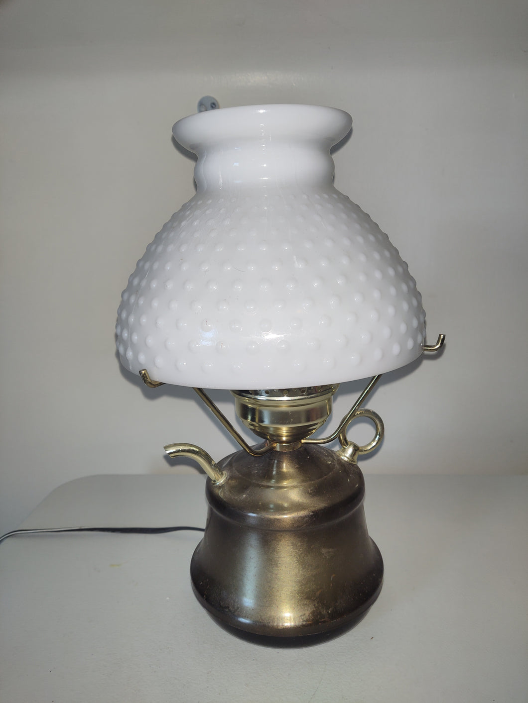 Hobnail Milk Glass Electric Lamp with Bronze Base Vintage MCM