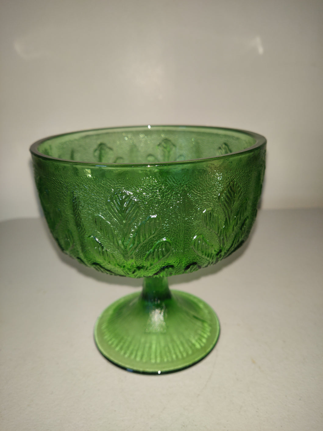 Vintage Glass FTD Green Footed Compote Bowl Vase Candy Dish Oak Leaves