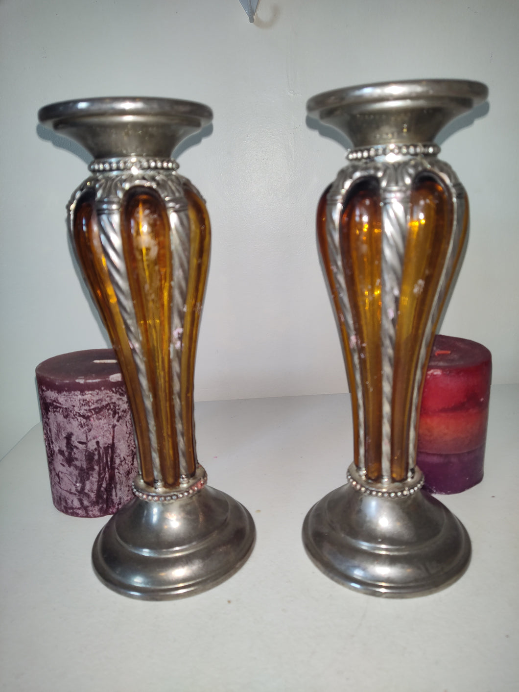 Pair of Amber colored Silver Plated Candle Holders