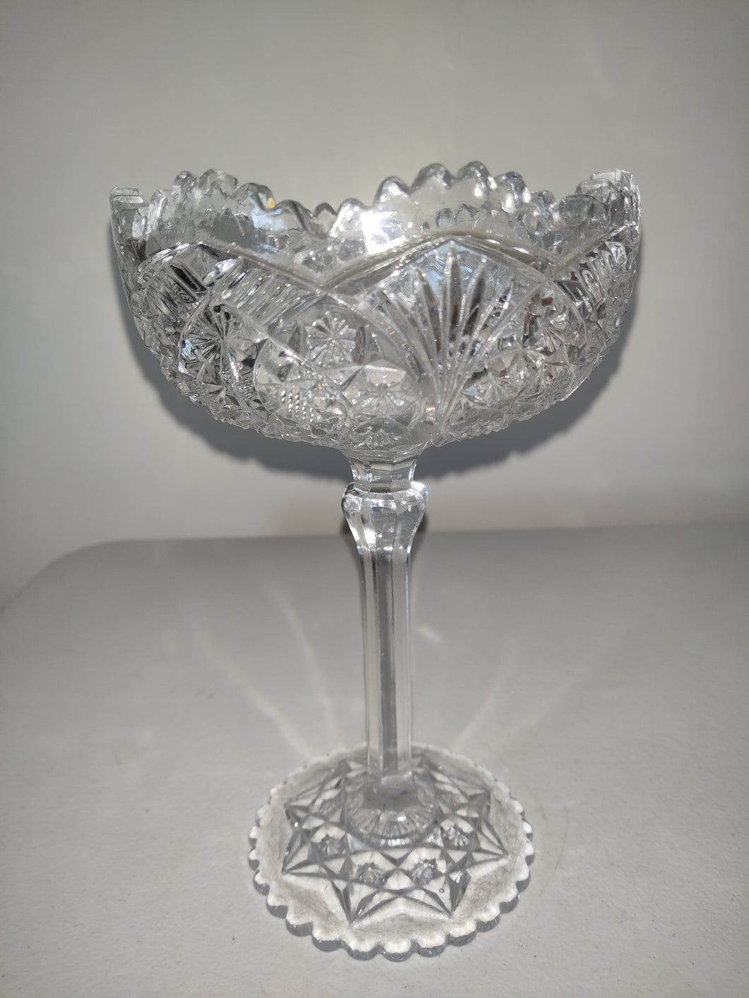 Vintage Clear Cut Glass Long Stem Saw Tooth Rim & Foot Open Candy Dish