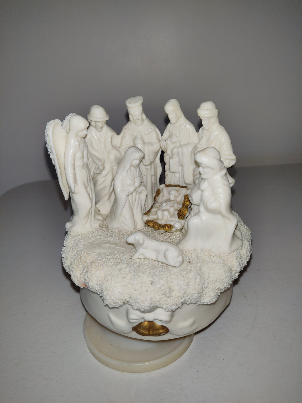 Vintage Christmas Nativity Spinning Music Box Plays Silent Night Gold Accents