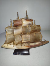 Indlæs billede til gallerivisning Vtg Hand Carved Nautical Sailing Ship Boat Made of Horn 4-Masts Gold Tone Wires
