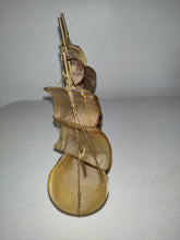 Load image into Gallery viewer, Vtg Hand Carved Nautical Sailing Ship Boat Made of Horn 4-Masts Gold Tone Wires
