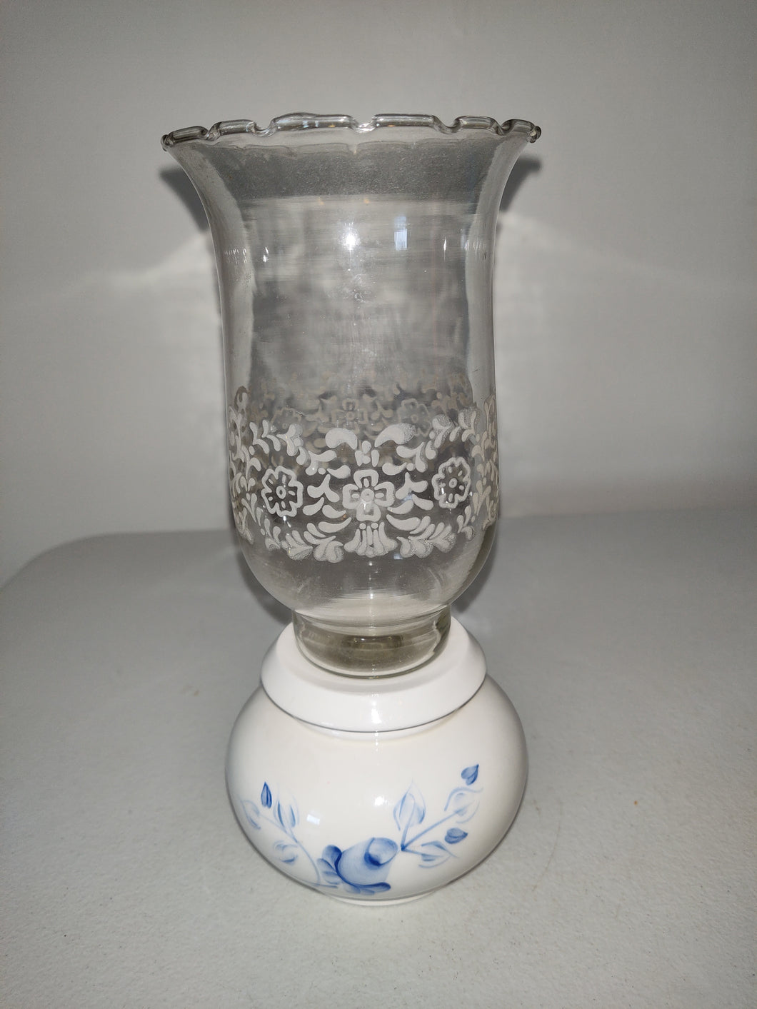 Vintage Ceramic and Glass Chimney Candle Holder with Hand Painted Roses