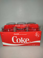 Lade das Bild in den Galerie-Viewer, Coca Cola Drinkware Six 12oz. Red Lettered Glasses In Cardboard Carton Carrier
