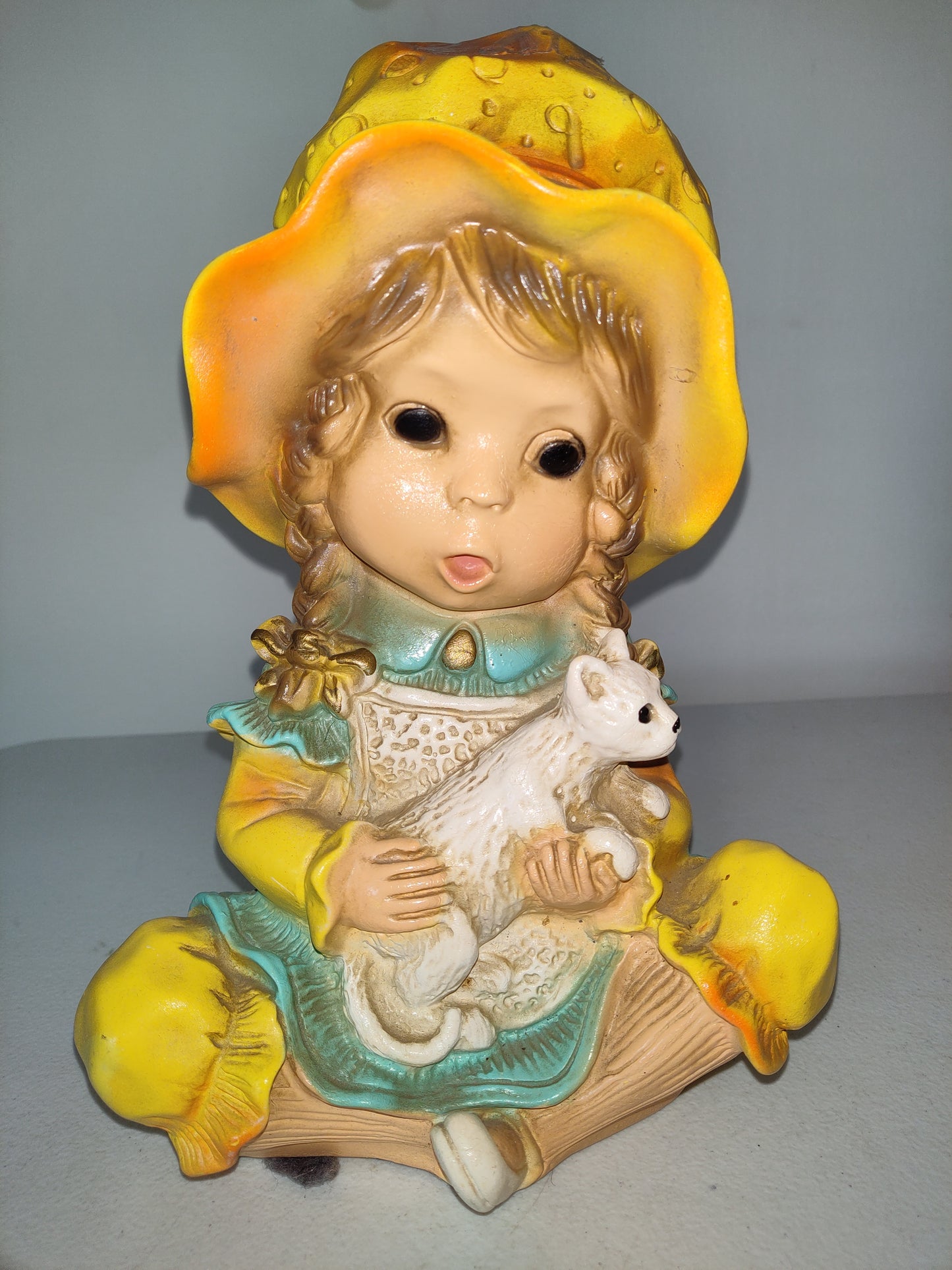 Vintage Statue Of Little Girl In Bonnet Yellow Holding A Cat