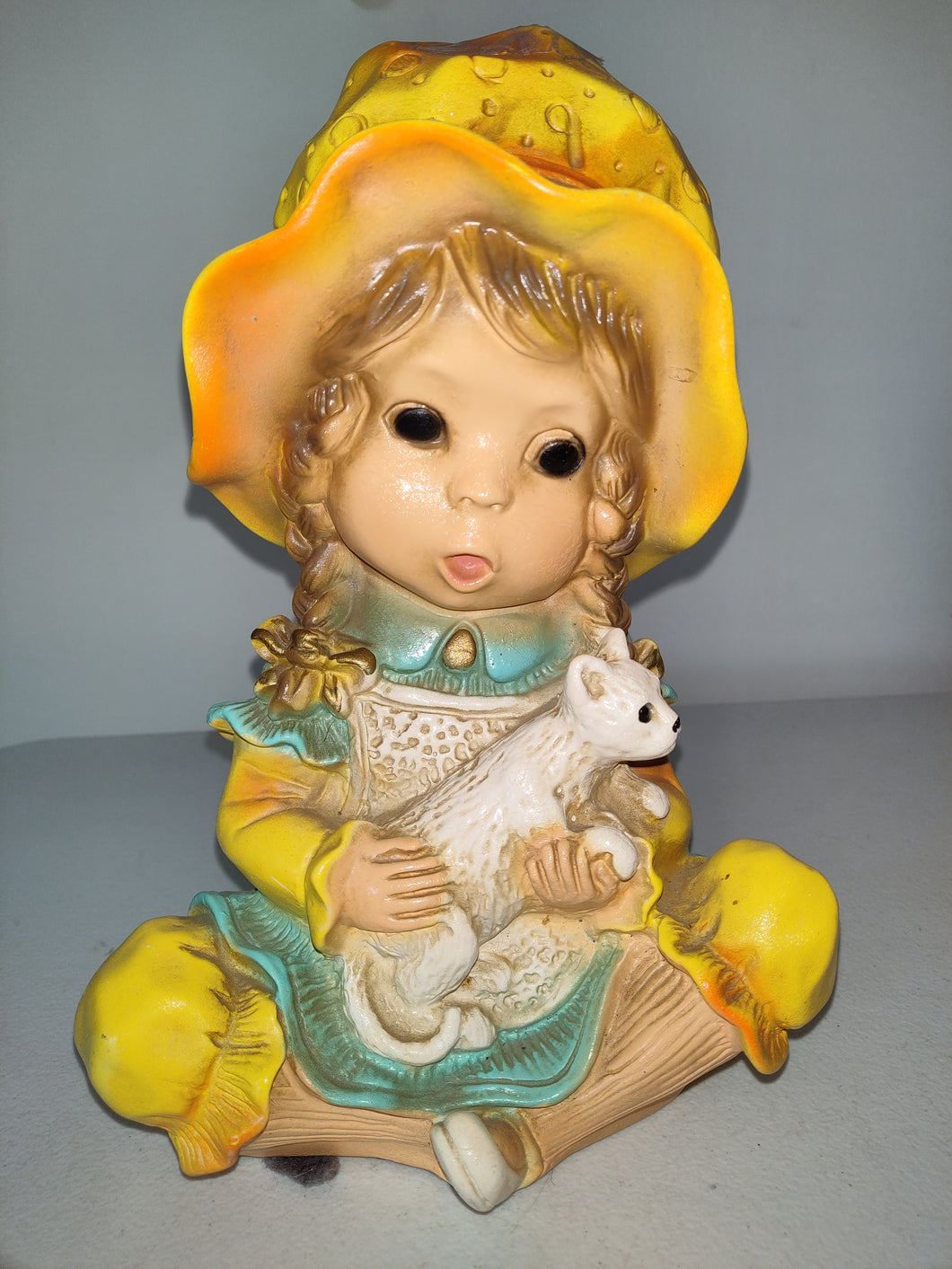 Vintage Statue Of Little Girl In Bonnet Yellow Holding A Cat