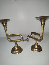 Load image into Gallery viewer, Pair Of Vintage Trumpet  Style Brass Candlesticks.
