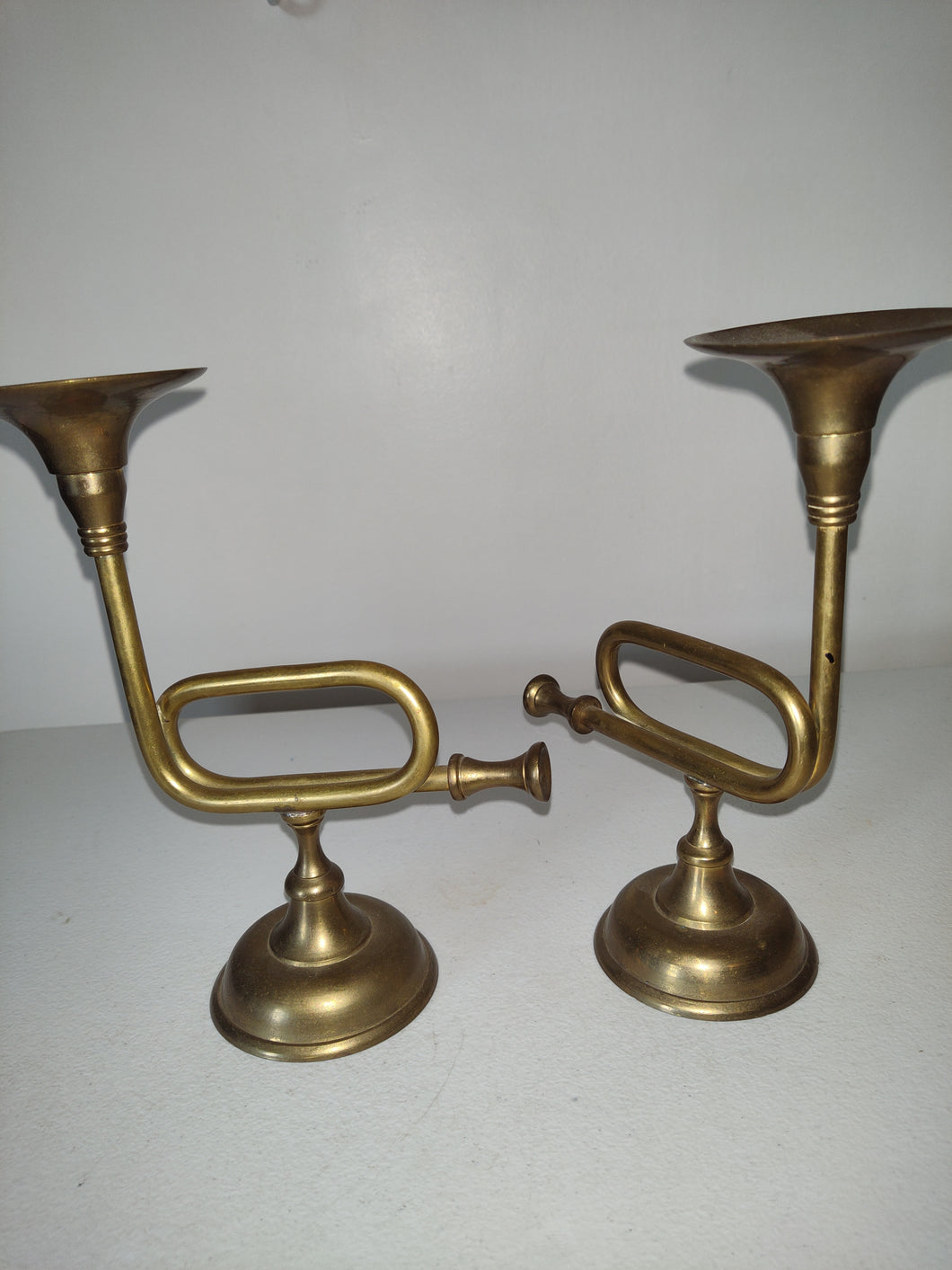 Pair Of Vintage Trumpet  Style Brass Candlesticks.