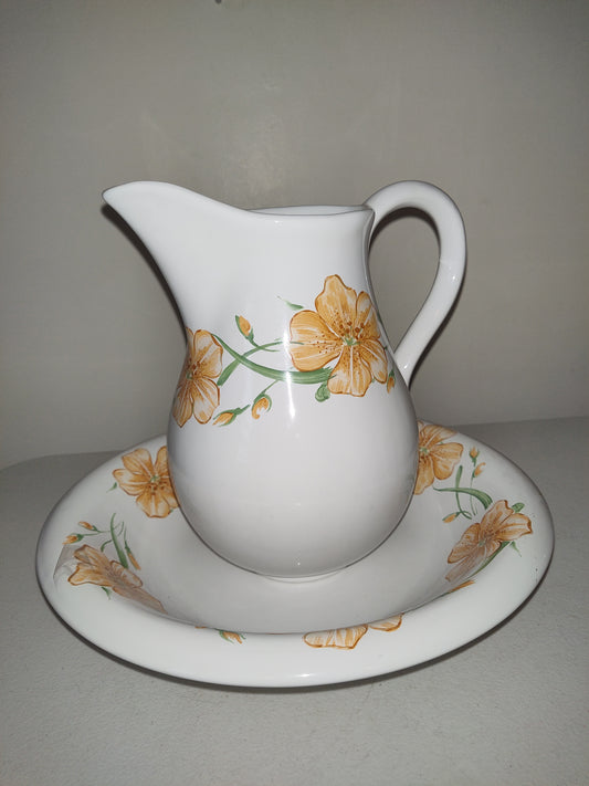 Vintage Hand Painted Floral Portugal Pitcher and Bowl Set,  Bernarda Portugal