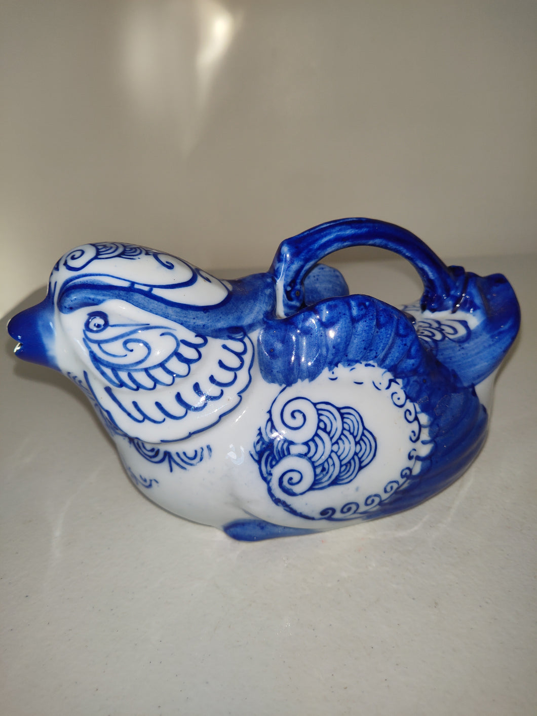 Vintage 60's Chinese Bird Shaped Hand Painted Porcelain Blue and White Teapot