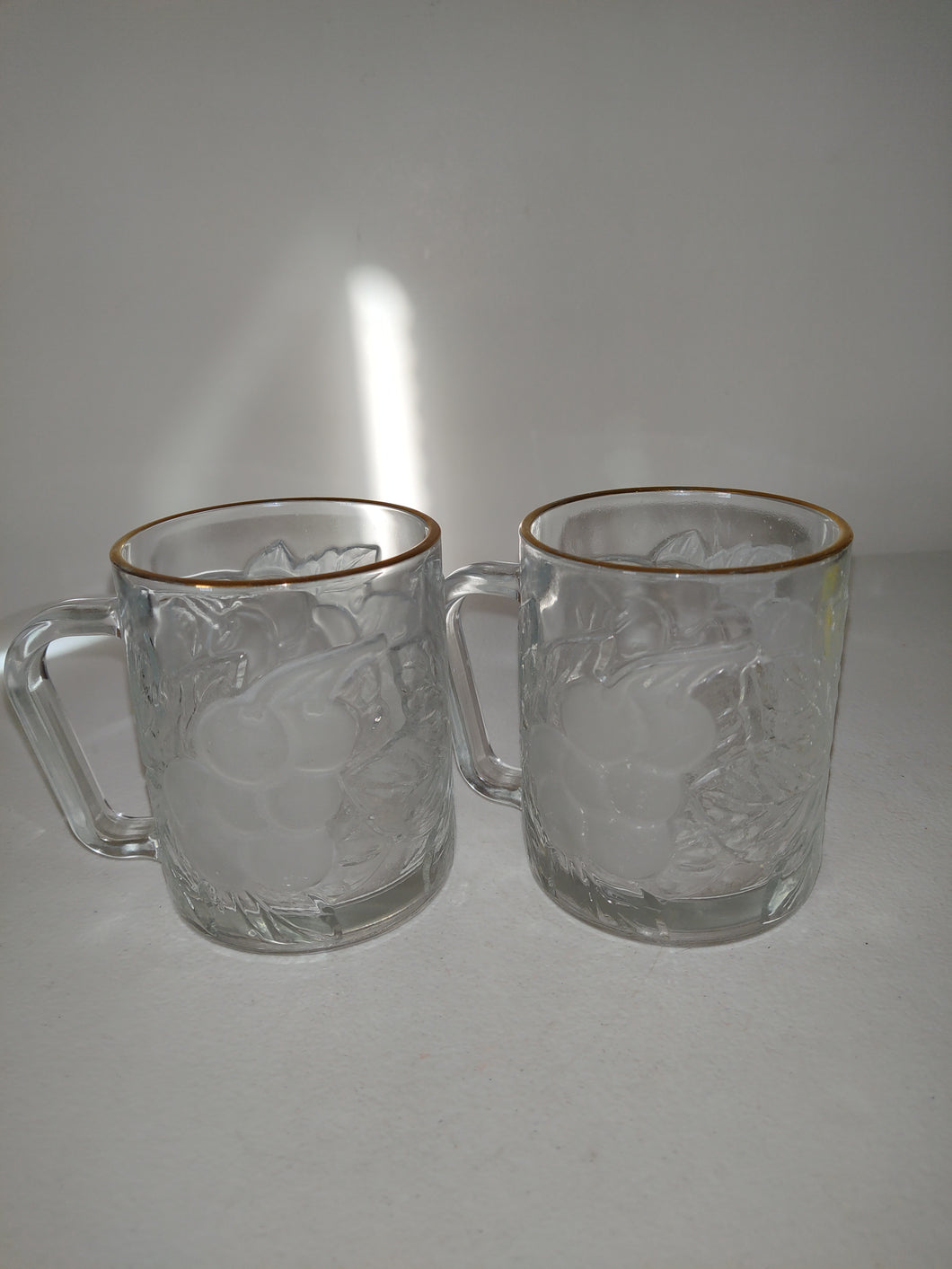 Vtg Embossed Clear Glass 'Grape Pattern' Coffee Cups-Mugs, Set of 2 ~ 10 Oz.