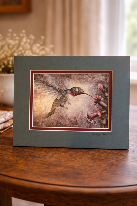 “Hummingbird and Flowers" by artist Katize Mender.