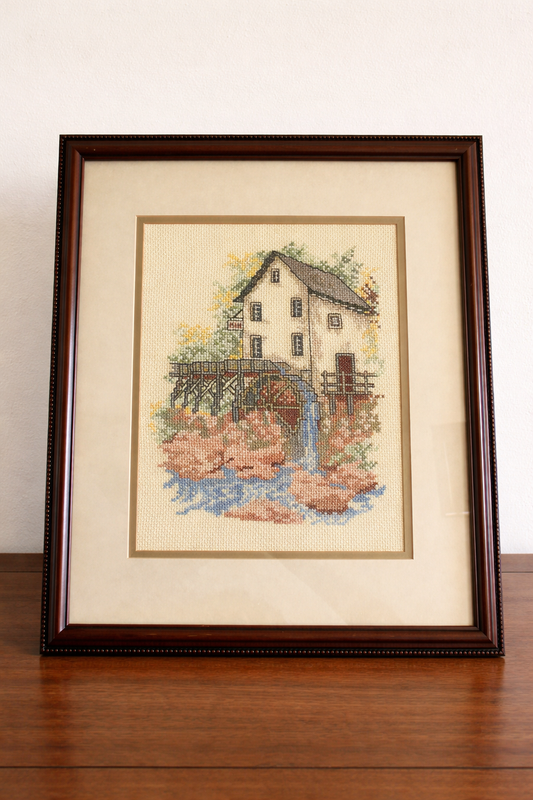 Vintage framed cross stitch watermill scene, handmade needlework, country cottage decor”