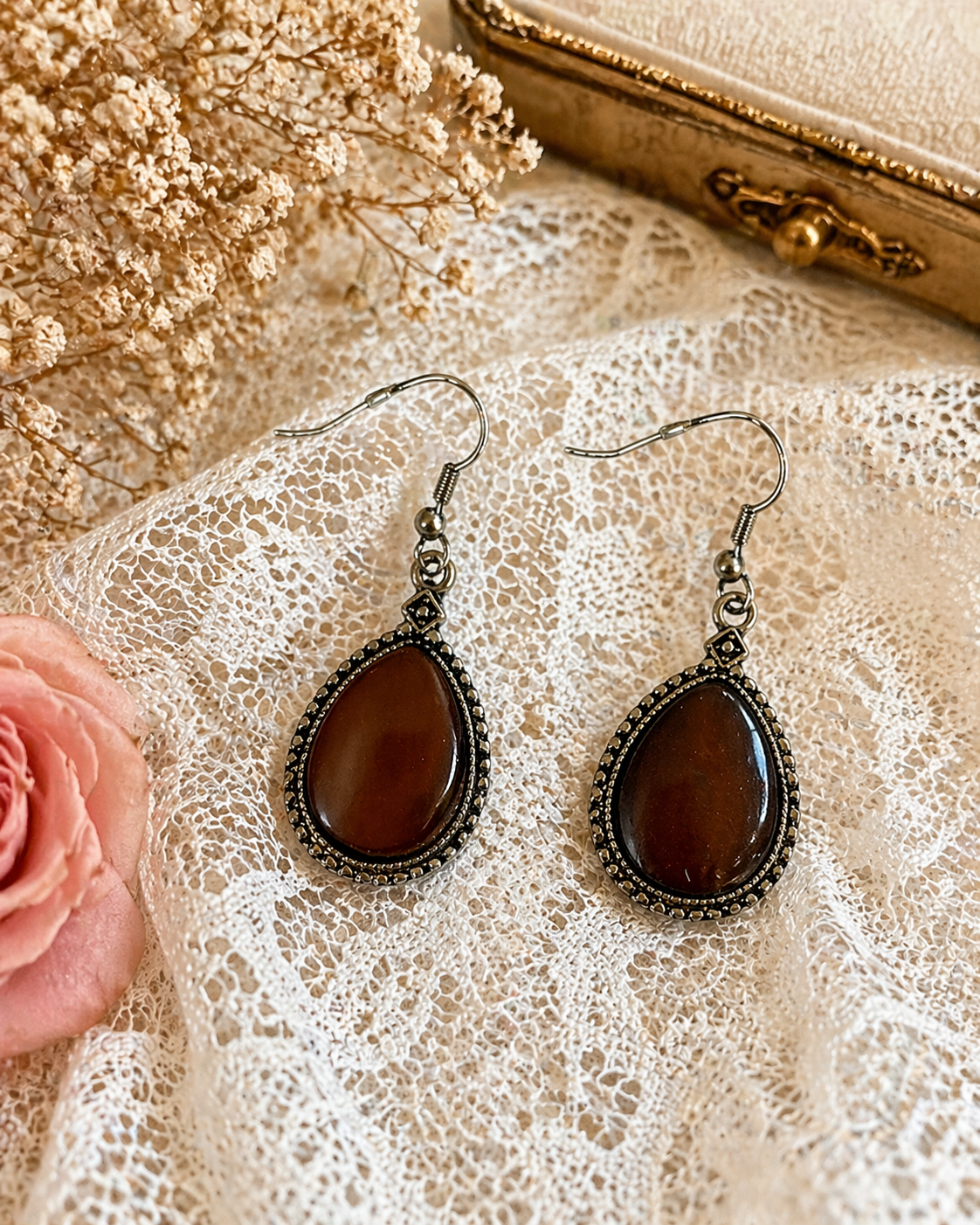 Vintage Style Brown Teardrop Dangle Earrings Silver Tone Boho Classic