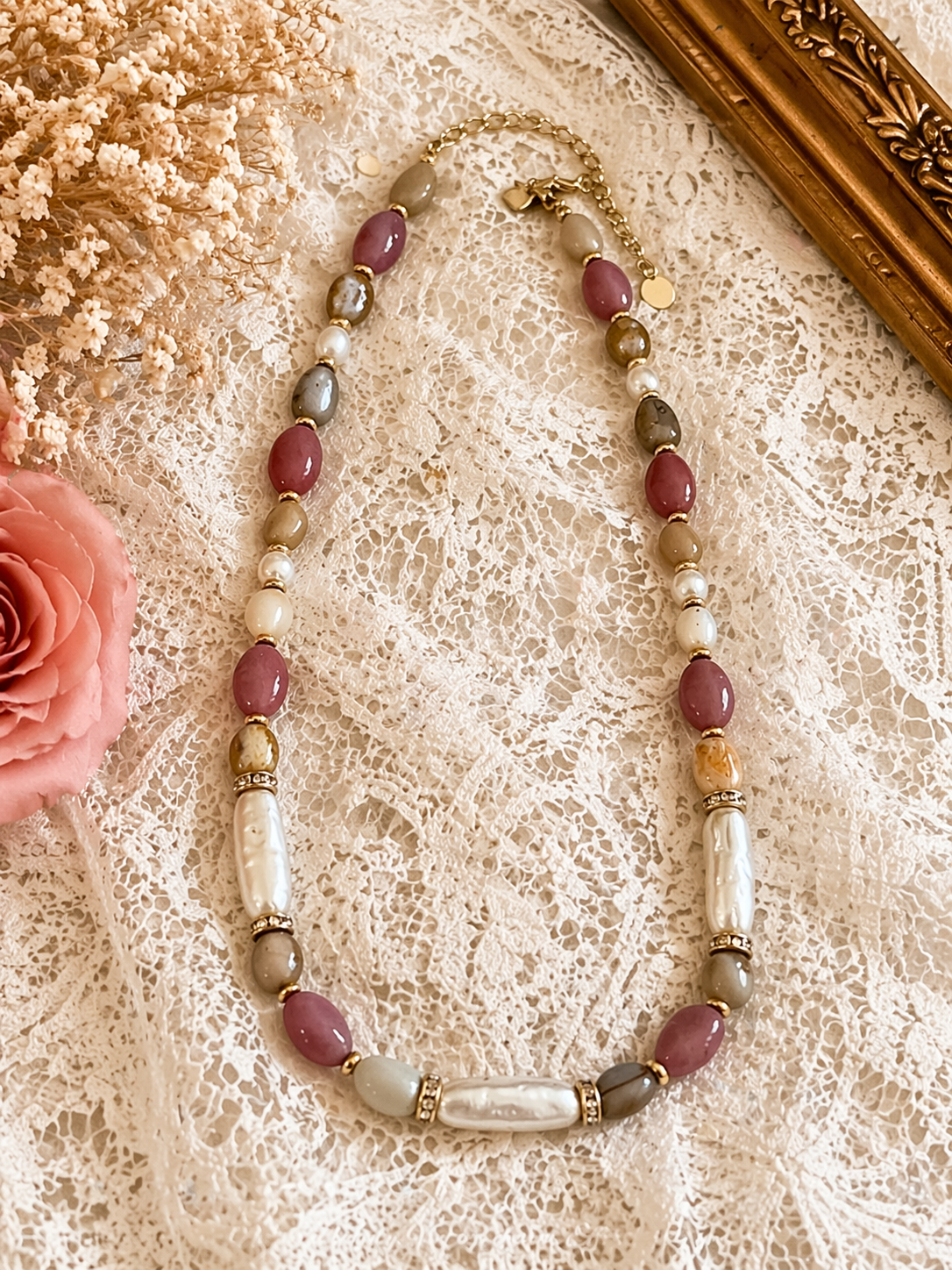 Vintage Style Multi Stone Beaded Necklace Pink Cream Gold Tone Statement