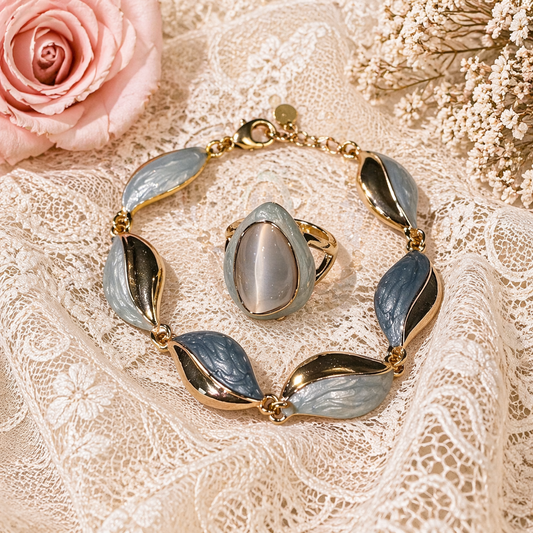 Soft Blue Leaf Bracelet & Ring Set – Vintage Inspired Elegance