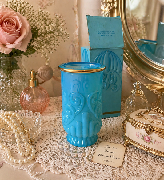 Vintage Avon Blue Glass Vase– Elegant Gold Trim Collectible