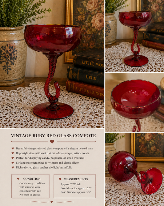 Vintage Ruby Red Glass Compote | Twisted Stem Pedestal Bowl | Elegant Candy Dish | Cottage Romantic Decor