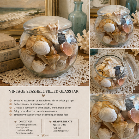 Vintage Glass Jar with Seashells | Coastal Beach Decor | Cottage Style Shelf Accent | Nautical Decor