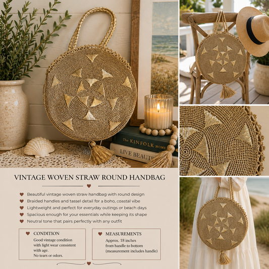 Vintage Woven Straw Round Handbag | Large Boho Raffia Tote | Coastal Beach Bag | 18” Drop
