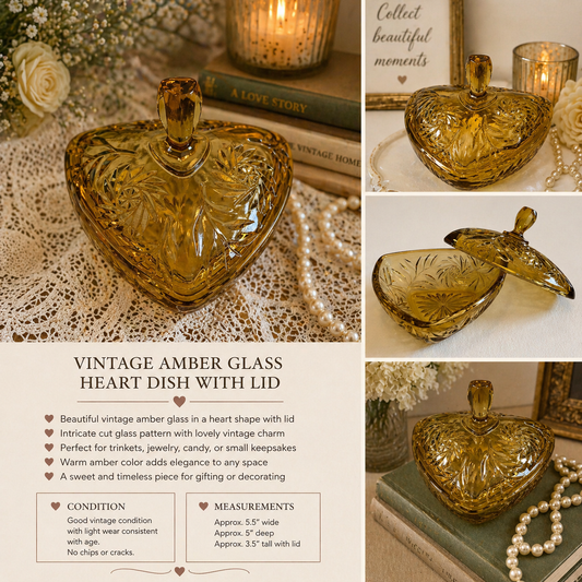 Vintage Amber Glass Heart Dish with Lid | Cut Glass Candy Dish | Romantic Trinket Box | Cottage Decor