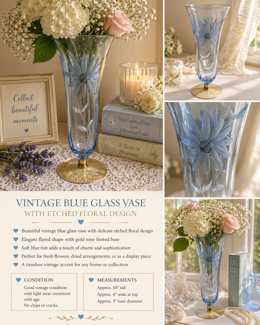 Vintage Blue Glass Vase with Etched Floral Design | Gold Tone Base | Cottage Decor | Elegant Flower Vase