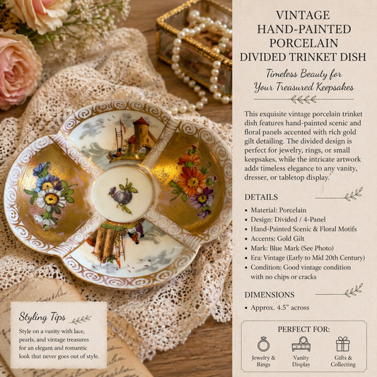 Vintage Hand-Painted Porcelain Divided Trinket Dish with Gold Gilt & Scenic Panels – Stamped On Bottom