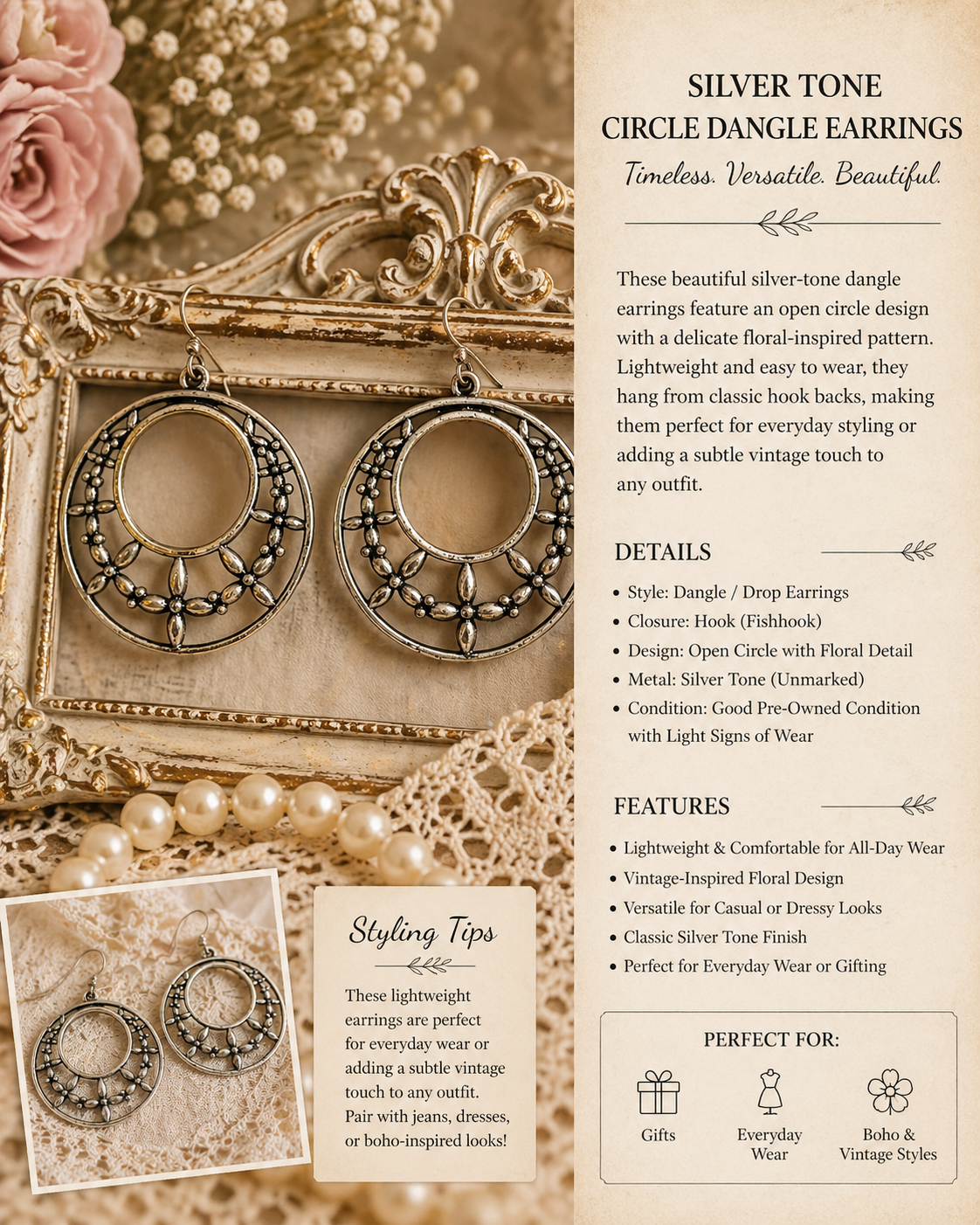 Silver Tone Circle Dangle Earrings – Floral Filigree Boho Hook Earrings