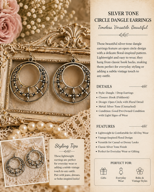 Silver Tone Circle Dangle Earrings – Floral Filigree Boho Hook Earrings