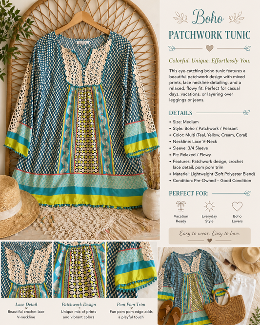 Boho Patchwork Peasant Tunic Top Size M – Lace Detail Flowy Blouse