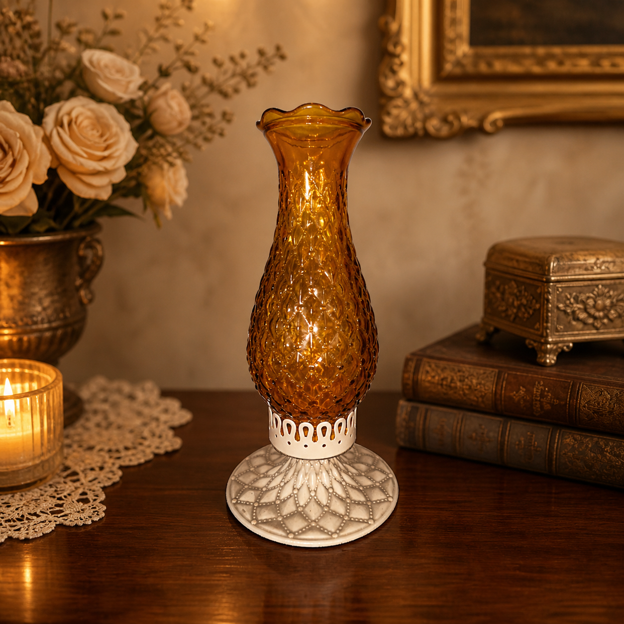 Rare! Vintage Diamond Quilted Amber Candlestick Holder